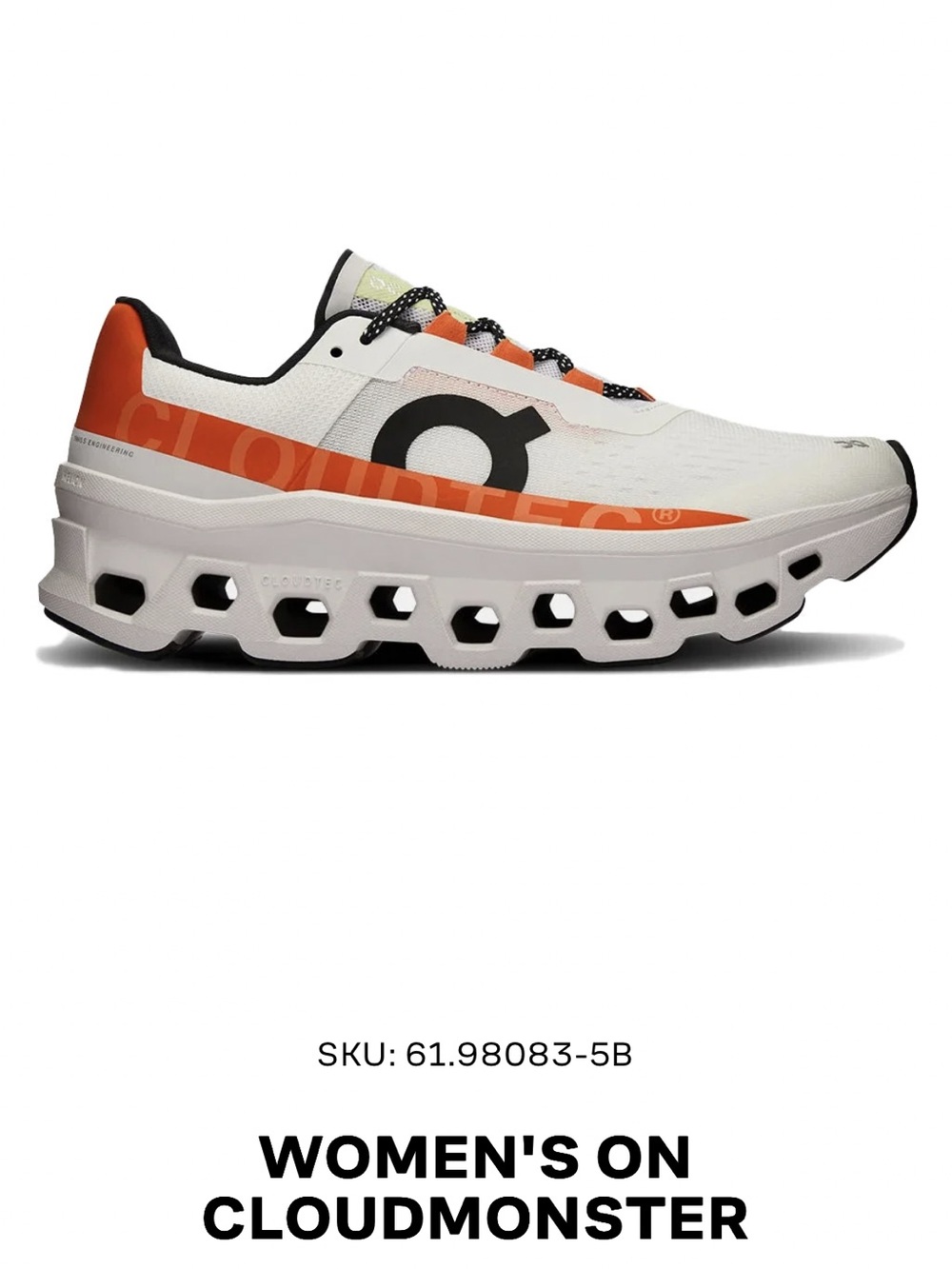 On Cloudmonster Womens Sz 8 Undyed-White/Flame 61.98083 SUPERB! Clean. No Box.🤍🧡
